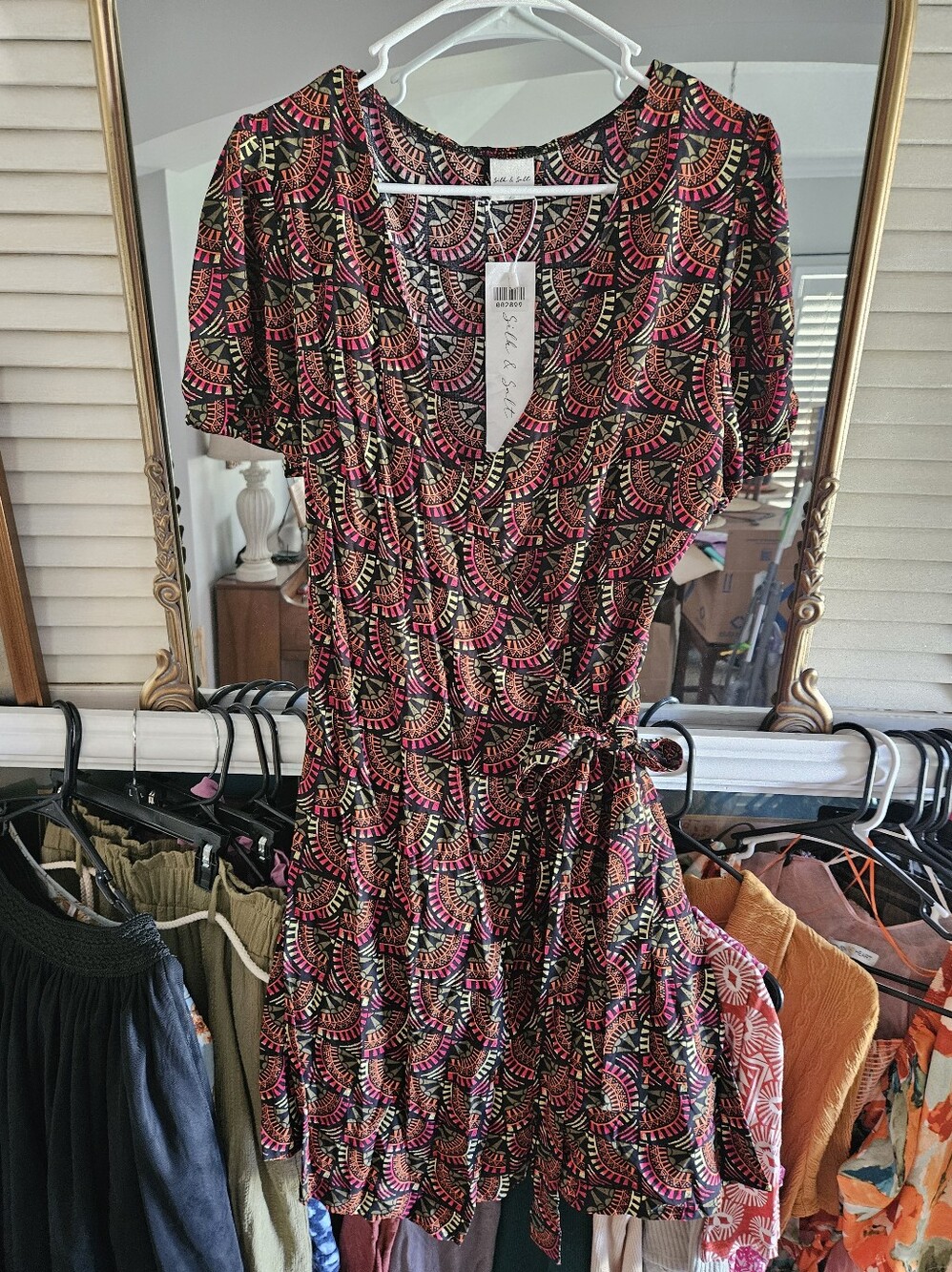NWT Silk & Salt Geometric Print Wrap Dress Boho Ruffle Hem Large